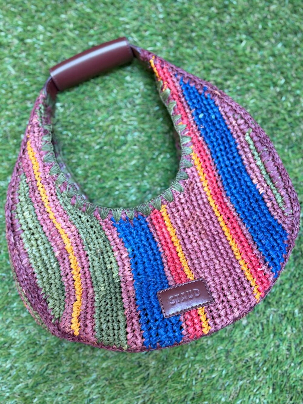 STAUD Moon Raffia Tote Bag Multicolor Stripes
